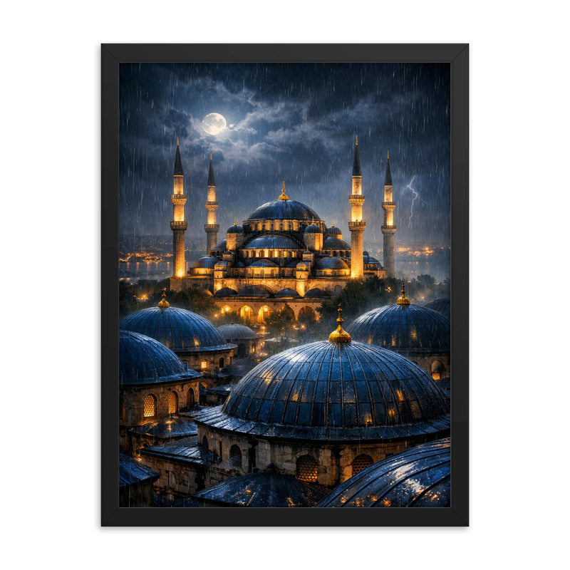 Sultan Ahmed night rain over blue domes framed print on a plain backdrop in size 18