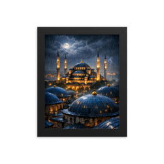 Sultan Ahmed night rain over blue domes framed print on a plain backdrop in size 8"x10".