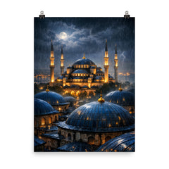 Sultan Ahmed night rain over blue domes poster on a plain backdrop in size 8"x10".