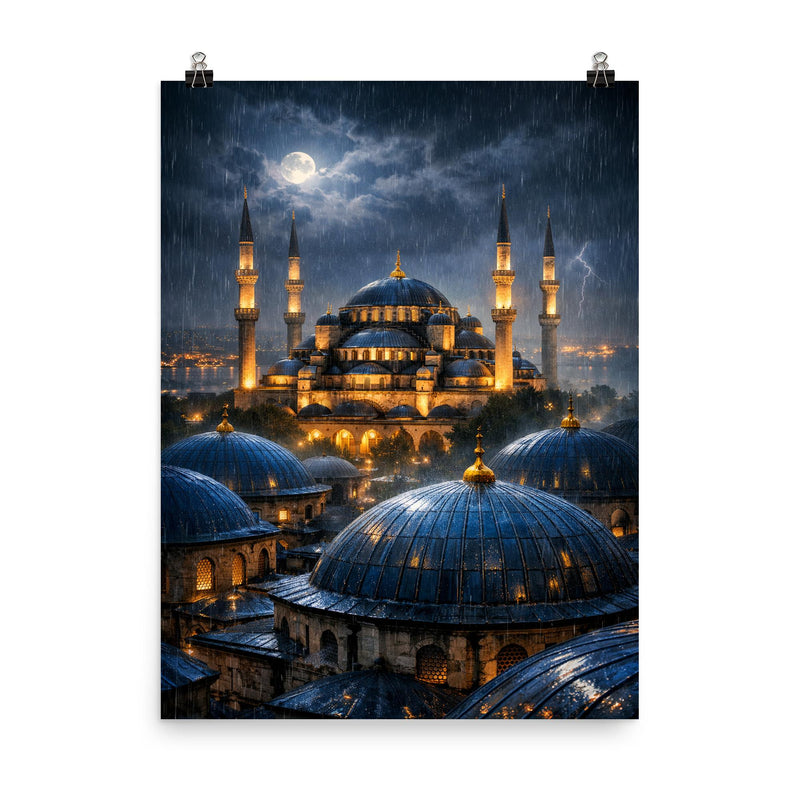 Sultan Ahmed night rain over blue domes poster on a plain backdrop in size 8
