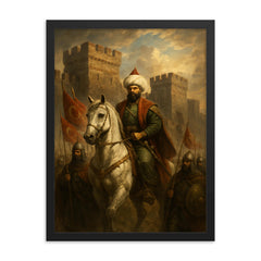 Sultan Mehmed II before Constantinople walls framed print on a plain backdrop in size 18"x24".