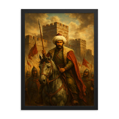 Sultan Mehmed II before Constantinople walls framed print on a plain backdrop in size 18"x24".