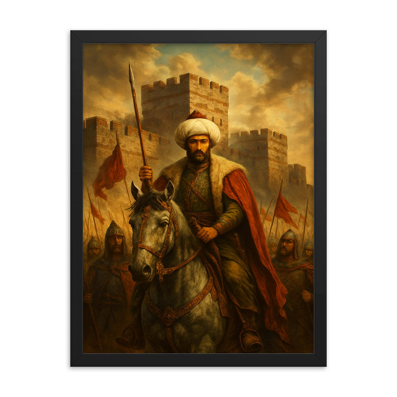 Sultan Mehmed II before Constantinople walls framed print on a plain backdrop in size 18