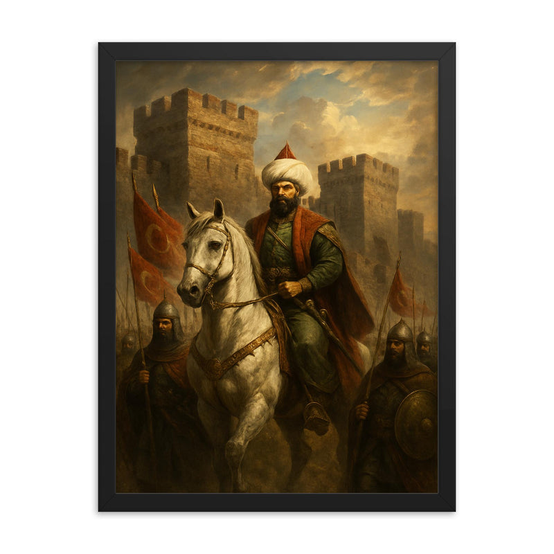 Sultan Mehmed II before Constantinople walls framed print on a plain backdrop in size 18