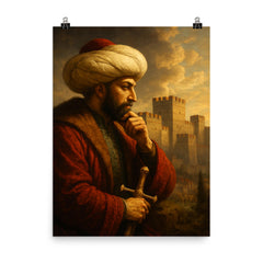 Sultan Mehmed II studying Constantinople walls poster on a plain backdrop in size 8"x10".