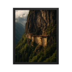Sumela Monastery Clifftop Turkey framed print on a plain backdrop in size 16"x20".