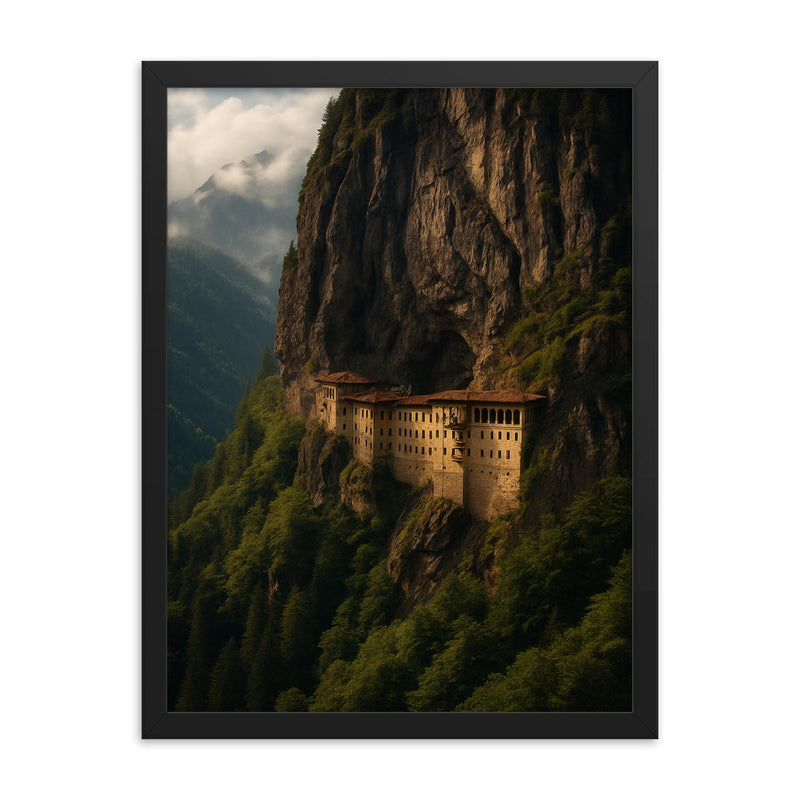 Sumela Monastery Clifftop Turkey framed print on a plain backdrop in size 18