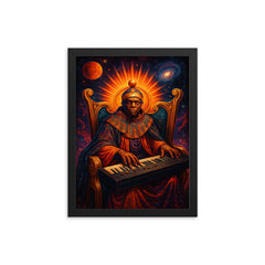 Sun Ra at cosmic keyboard throne framed print on a plain backdrop in size 12"x16".