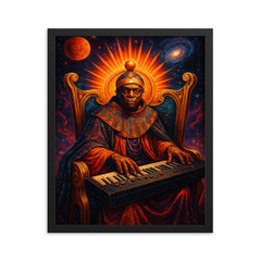 Sun Ra at cosmic keyboard throne framed print on a plain backdrop in size 16"x20".