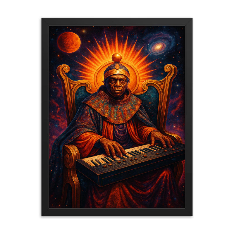 Sun Ra at cosmic keyboard throne framed print on a plain backdrop in size 18