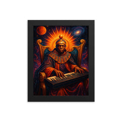 Sun Ra at cosmic keyboard throne framed print on a plain backdrop in size 8"x10".