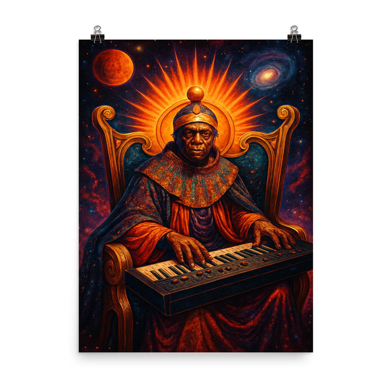 Sun Ra at cosmic keyboard throne poster on a plain backdrop in size 8