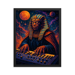 Sun Ra cosmic pharaoh at interstellar keyboard framed print on a plain backdrop in size 16"x20".