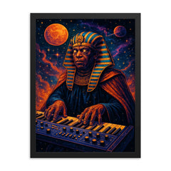 Sun Ra cosmic pharaoh at interstellar keyboard framed print on a plain backdrop in size 18"x24".