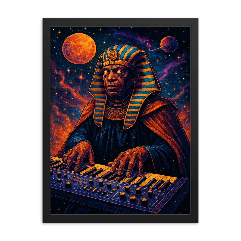 Sun Ra cosmic pharaoh at interstellar keyboard framed print on a plain backdrop in size 18