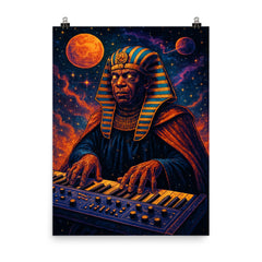 Sun Ra cosmic pharaoh at interstellar keyboard poster on a plain backdrop in size 8"x10".