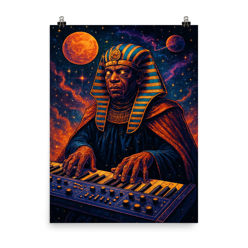 Sun Ra cosmic pharaoh at interstellar keyboard poster on a plain backdrop in size 8