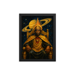 Sun Ra Saturn throne portrait framed print on a plain backdrop in size 12"x16".