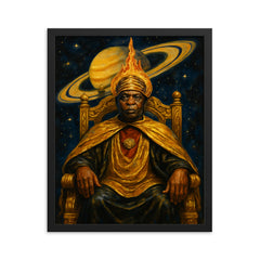 Sun Ra Saturn throne portrait framed print on a plain backdrop in size 16"x20".