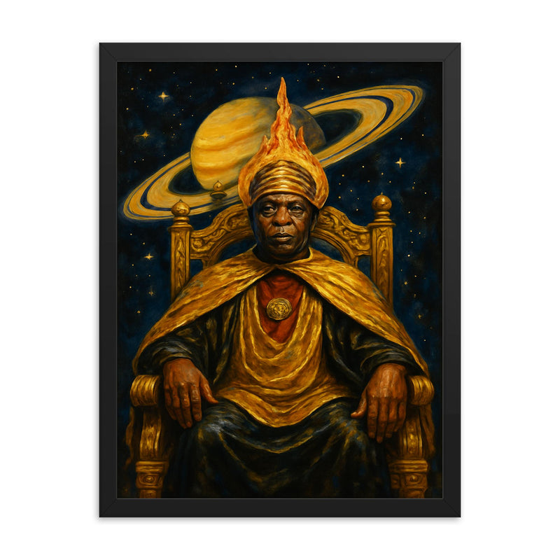 Sun Ra Saturn throne portrait framed print on a plain backdrop in size 18
