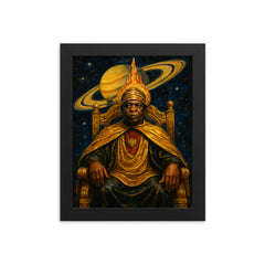 Sun Ra Saturn throne portrait framed print on a plain backdrop in size 8"x10".