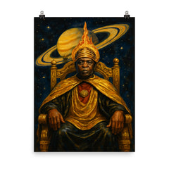 Sun Ra Saturn throne portrait poster on a plain backdrop in size 8"x10".