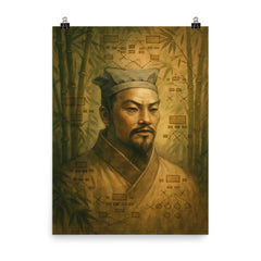 Sun Tzu ghosted over bamboo war diagrams poster on a plain backdrop in size 8"x10".