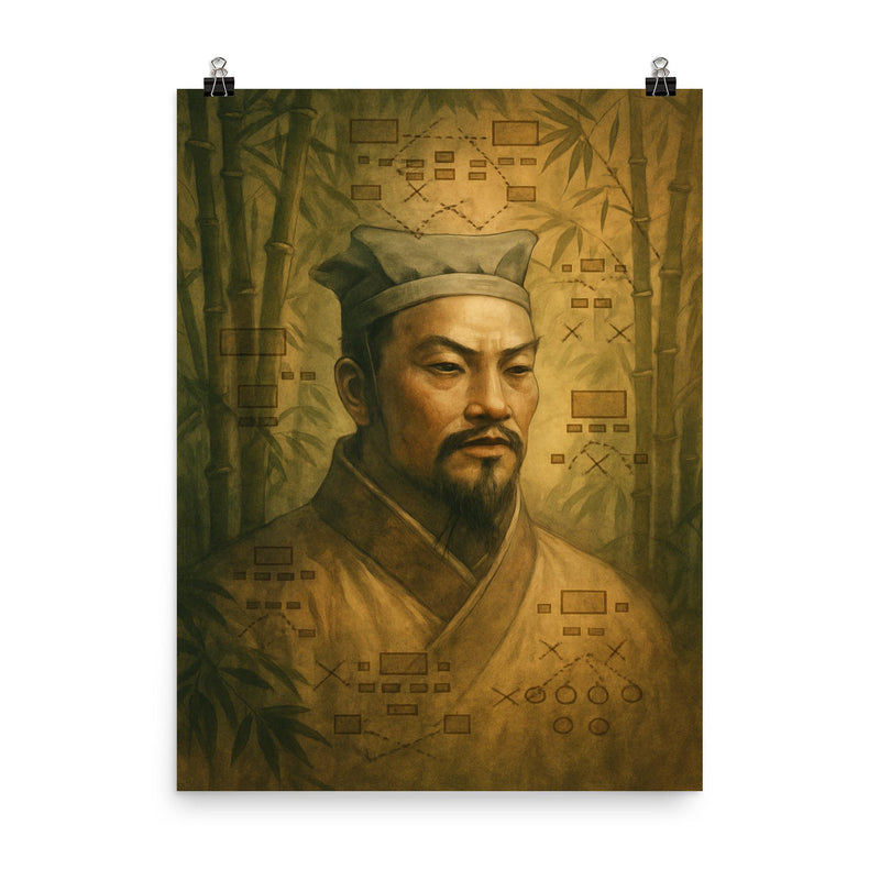 Sun Tzu ghosted over bamboo war diagrams poster on a plain backdrop in size 8