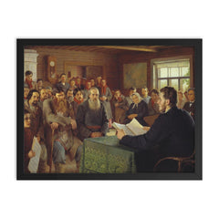 Sunday Reading in a Village School by Nikolay Bogdanov-Belsky framed print on a plain backdrop in size 18"x24".
