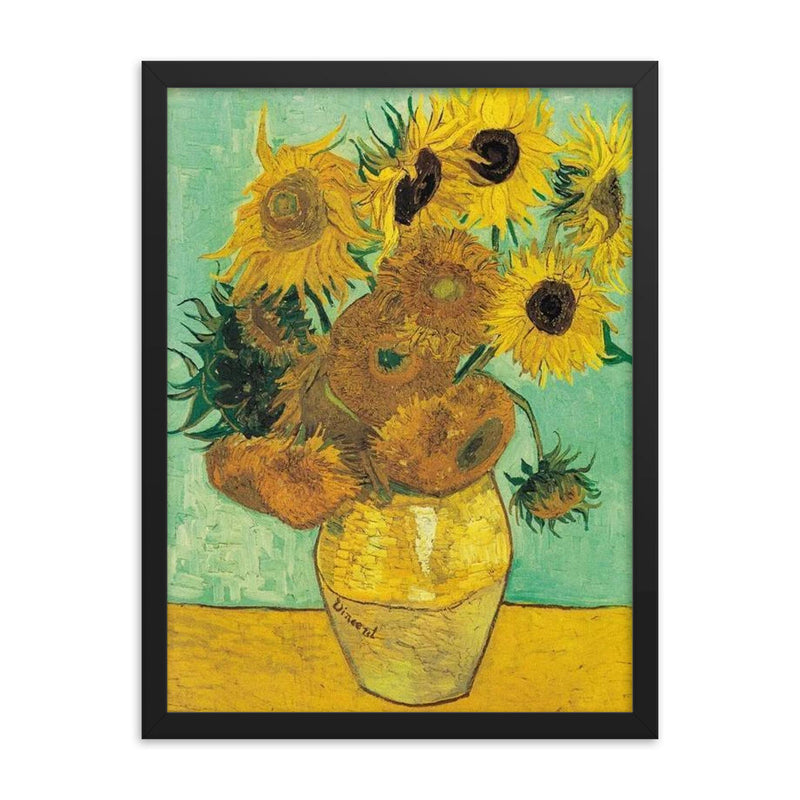 Sunflowers by Vincent Van Gogh framed print on a plain backdrop in size 18