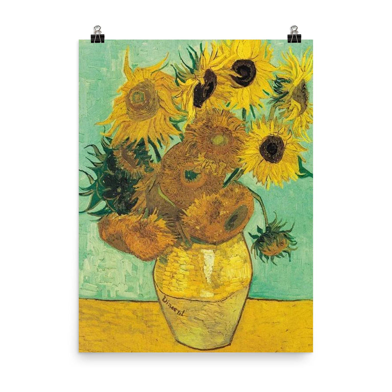 Sunflowers by Vincent Van Gogh poster on a plain backdrop in size 8