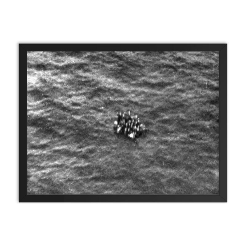 Survivors of HMAS Armidale on Raft After Japanese Air Attack, December 1942 framed print on a plain backdrop in size 18