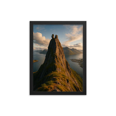 Svolvaergeita Peak Lofoten Norway framed print on a plain backdrop in size 12"x16".