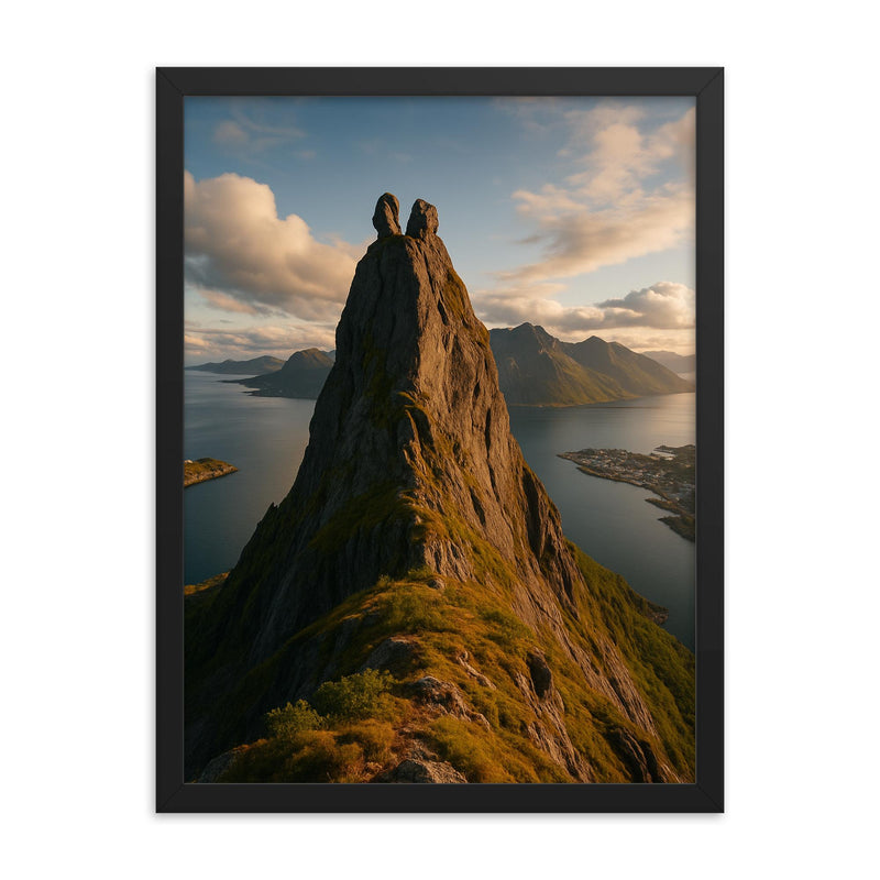 Svolvaergeita Peak Lofoten Norway framed print on a plain backdrop in size 18