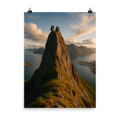 Svolvaergeita Peak Lofoten Norway poster on a plain backdrop in size 8"x10".