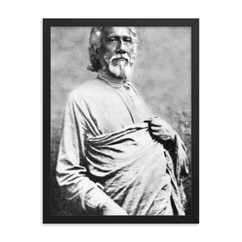 Swami Sri Yukteswar Giri framed print on a plain backdrop in size 18