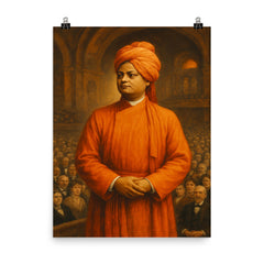 Swami Vivekananda in orange robes before Chicago audience poster on a plain backdrop in size 8"x10".