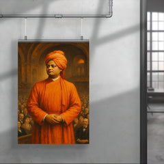 Swami Vivekananda in orange robes before Chicago audience poster 4