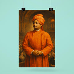Swami Vivekananda in orange robes before Chicago audience poster 6