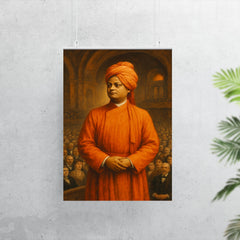 Swami Vivekananda in orange robes before Chicago audience poster 7