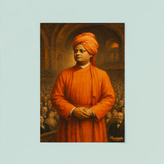 Swami Vivekananda in orange robes before Chicago audience poster 8