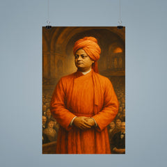 Swami Vivekananda in orange robes before Chicago audience poster 9