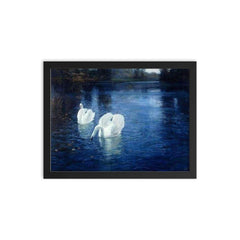 Swans on the River by Frits Thaulow, 1880 framed print on a plain backdrop in size 12"x16".