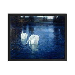 Swans on the River by Frits Thaulow, 1880 framed print on a plain backdrop in size 16"x20".