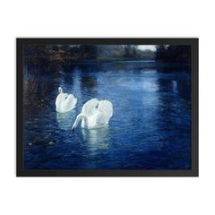 Swans on the River by Frits Thaulow, 1880 framed print on a plain backdrop in size 18"x24".