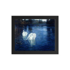 Swans on the River by Frits Thaulow, 1880 framed print on a plain backdrop in size 8"x10".