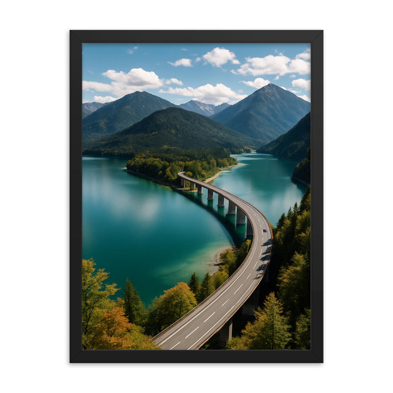 Sylvensteinsee Panorama Germany framed print on a plain backdrop in size 18