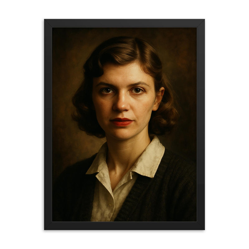 Sylvia Plath portrait framed print on a plain backdrop in size 18