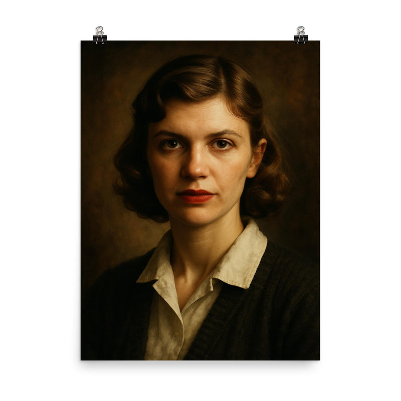 Sylvia Plath portrait poster on a plain backdrop in size 8