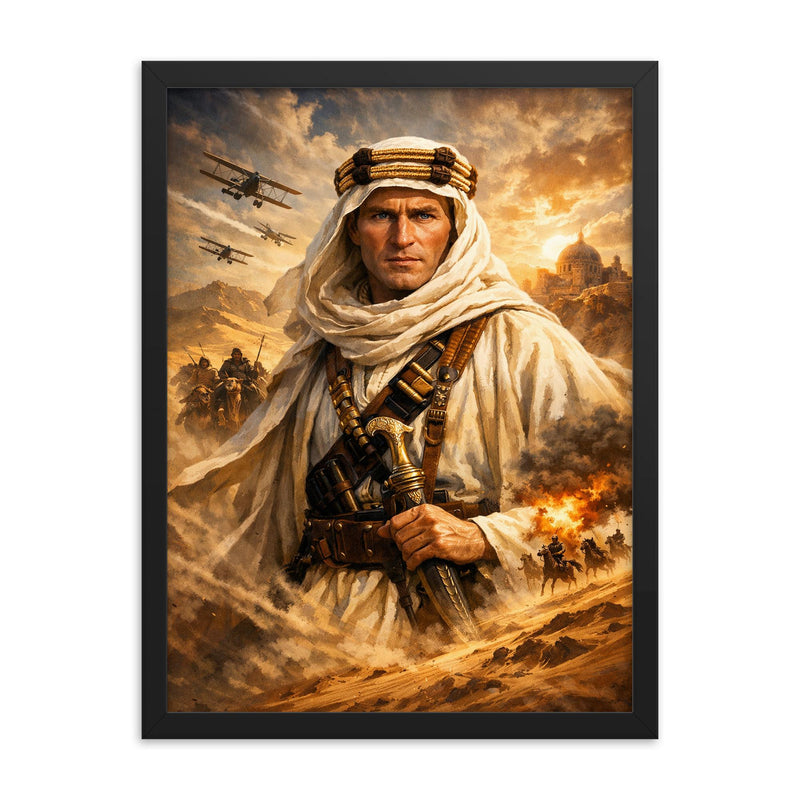 T E Lawrence in desert robes framed print on a plain backdrop in size 18